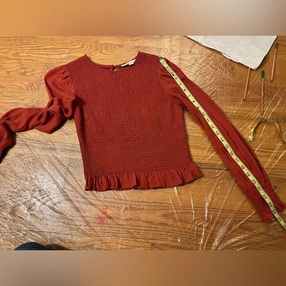 Boden Red Smocked Peplum Long-Sleeve Blouse
